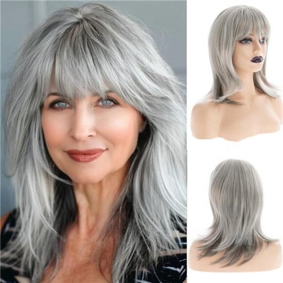 Long Natural Wig with Bangs Synthetic Gray - Picture 1 of 7